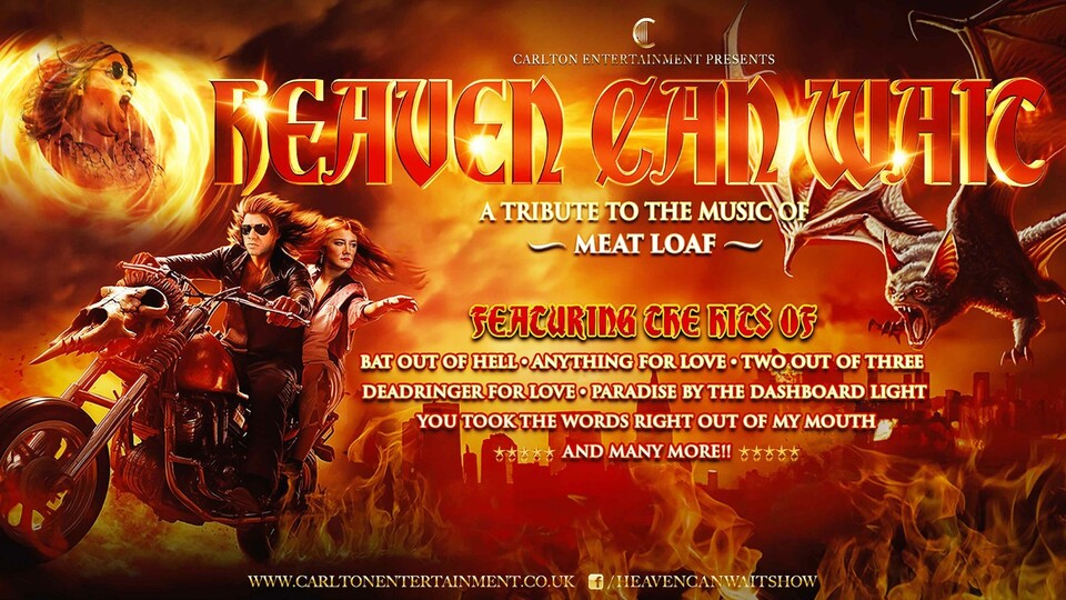Promotional image for the show 'Heaven Can Wait – A Tribute to the Music of Meat Loaf' in August 2026 at Blackburn Empire Theatre.