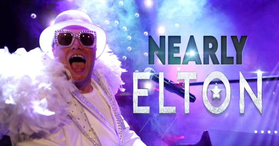 Promotional image for the show 'Nearly Elton – The Ultimate Tribute Show to Elton John' in April 2027 at Blackburn Empire Theatre.