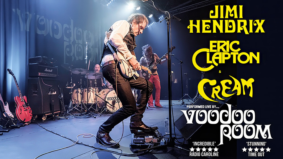 Promotional image for the show 'Voodoo Room: A Night of Hendrix, Clapton & Cream' in November 2026 at Blackburn Empire Theatre.