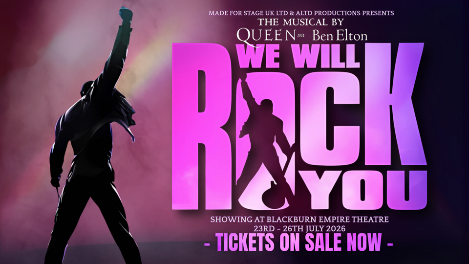 Promotional image for the show 'We Will Rock You: The Musical by Queen & Ben Elton' in July 2026 at Blackburn Empire Theatre.